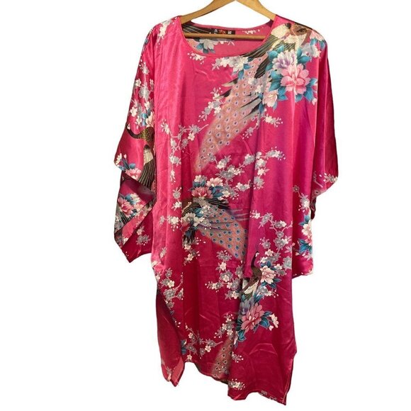 Zhi Cheng Patio Dress Caftan Peacock  Pink Floral Kimono Satin Pullover Size OS - Picture 1 of 5